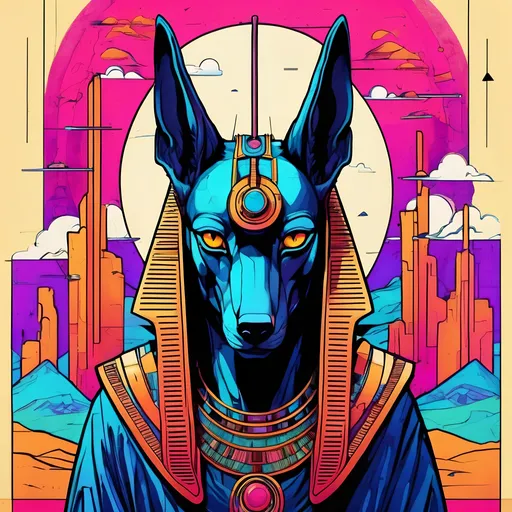 Prompt: Anubis glitch god. 
Science Fiction, Retrofuturism, Gore, Cosmic Horror, Fine inking, Clean linework, comic illustration, flat shading, Colour transitions, Maximalism, Beautifully illustrated forms, beautiful background scenery, Warm and cold colour mix, Triadic colour palette, Dark vibrancy, soft lighting, Complexity, Storytelling, Dynamic Poses, High quality, Sharp focus, Tight colour range, Full scene, Filmic, 