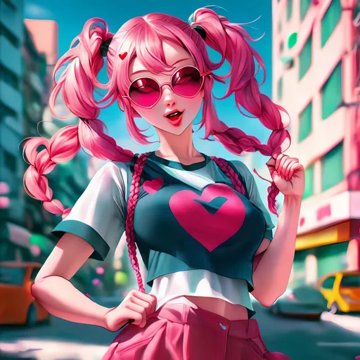 Prompt: anime woman, pink hair with bangs in two braids, heart shaped sunglasses, dynamic pose, urban setting, cute anime art style