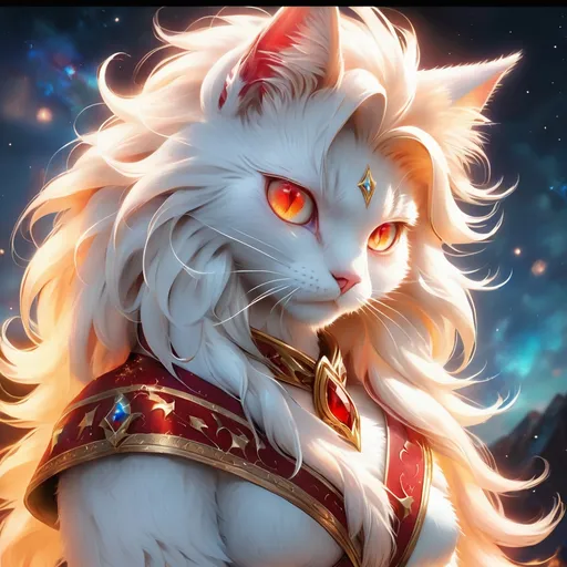 Prompt: wizard cat with {white fur} and {ruby red eyes}, senior female cat, fire element, flame, Erin Hunter, gorgeous anime portrait, beautiful cartoon, 2d cartoon, beautiful 8k eyes, elegant {red fur}, pronounced scar on chest, fine oil painting, modest, gazing at viewer, beaming red eyes, glistening red fur, low angle view, zoomed out view of character, 64k, hyper detailed, expressive, timid, graceful, beautiful, expansive silky mane, deep starry sky, golden ratio, precise, perfect proportions, vibrant, standing majestically on a tall crystal stone, hyper detailed, complementary colors, UHD, HDR, top quality artwork, beautiful detailed background, unreal 5, artstaion, deviantart, instagram, professional, masterpiece