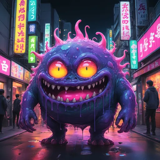 Prompt: Anime illustration of a vibrant slime monster, bright and vivid colors, urban Tokyo street setting, oozing texture, detailed gooey substance, playful and mischievous expression, neon-lit cityscape, high quality, anime, vibrant colors, ooze, Tokyo street, detailed texture, mischievous expression, urban setting, neon lights, highres, playful