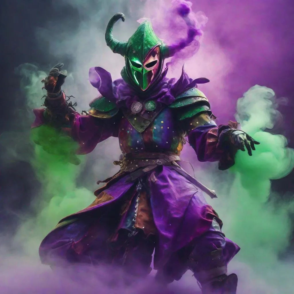 Prompt: A jester knight, colorful armor, unsettlingly strange, casting a spell, strange multicolored energy, dungeons and dragons, depth of field focused on the knight, covered in Purple and green smoke.