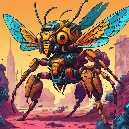 Prompt: Giant hornet mech hunting some poor souls.
Science Fiction, Retrofuturism, Body horror, Cosmic Horror, Fine inking, Clean linework, comic illustration, flat shading, Colour transitions, Maximalism, Beautifully illustrated forms, beautiful background scenery, Warm and cold colour mix, Triadic colour palette, Dark vibrancy, Complexity, Storytelling, Dynamic Poses, High quality, Sharp focus, Tight colour range, Full scene, Filmic, 