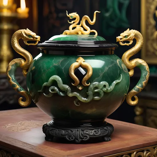 Prompt: Onyx and jade pot, gold serpent handles, ancient mystical artifact, detailed carvings, luxurious material, high quality, fantasy, antique style, rich green and black tones, dramatic lighting, intricate details
