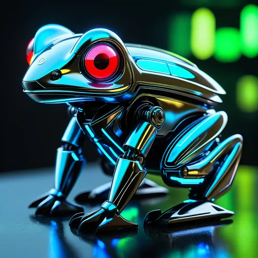 Prompt: Tiny frog mech, metallic and sleek design, futuristic sci-fi style, intense light blue and black color scheme, sparkling neon lights, miniature scale, highres, ultra-detailed, sci-fi, futuristic, metallic sheen, intense color scheme, miniature scale, neon lights, detailed design, professional, atmospheric lighting