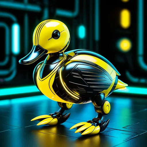 Prompt: Tiny duck mech, metallic and sleek design, futuristic sci-fi style, intense yellow and black color scheme, sparkling neon lights, miniature scale, highres, ultra-detailed, sci-fi, futuristic, metallic sheen, intense color scheme, miniature scale, neon lights, detailed design, professional, atmospheric lighting