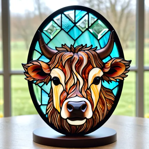 Prompt: Mini Highland cow in Chalcedony Stained Glass 3d Portraiture 