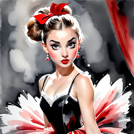 Prompt: young lady ballerina, watercolors, black, gray, white and red, with big attitude, on vaudeville stage