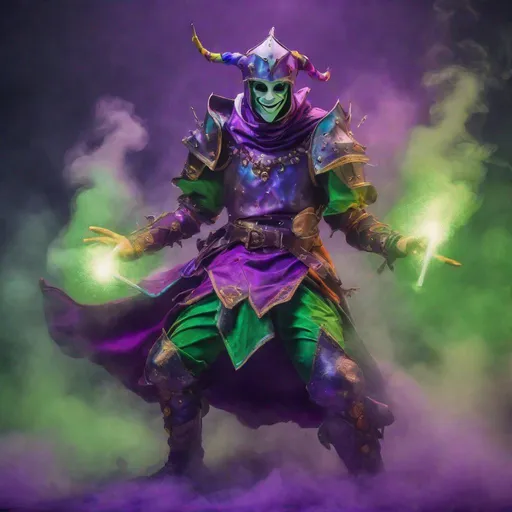 Prompt: A jester knight, colorful armor, unsettlingly strange, casting a spell, strange multicolored energy, dungeons and dragons, depth of field focused on the knight, covered in Purple and green smoke.