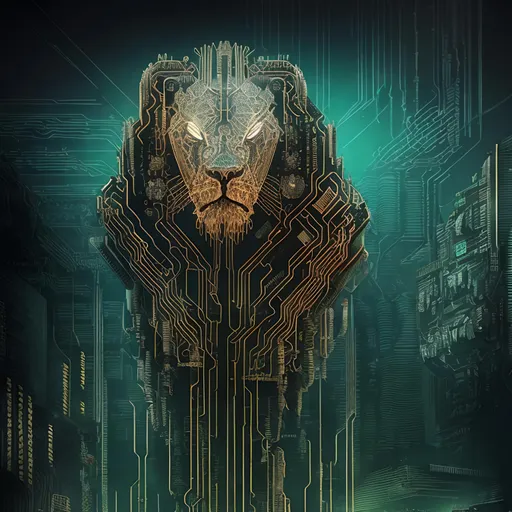 Prompt: Detailed cyberpunk illustration of a lion's head, intricate circuit board design, futuristic techno style, high-quality, ultra-detailed, cyberpunk, internet style, cool tones, intricate details, atmospheric lighting