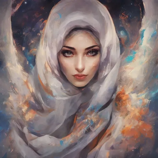 Prompt: Beautiful woman in hijab shooting galaxies from her eyes, digital illustration, cosmic atmosphere, intense gaze, flowing hijab with cosmic patterns, vibrant and dreamy, high quality, cosmic digital art, radiant colors, ethereal lighting