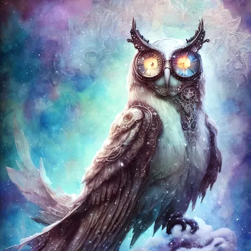 Prompt: ""<lora:Cosmic steampunk:1.0> Dreamy cloudy effect romantic very large white owl with icy snow background, sitting on a snow covered branch with icicles hanging from the branch, stylized, iridescent, intricate, fantastic, fantasia, fantasy, dreamy, watercolor, flared edges, beautiful bright white"