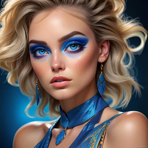 Prompt: Woman with vibrant blue eyeshadow, high-quality portrait, detailed makeup, realistic painting, vibrant colors, glamorous, professional lighting, intense gaze, highres, realistic, detailed, portrait, vibrant blue eyeshadow, glamorous makeup, professional, intense gaze, realistic painting, vibrant colors, realistic lighting