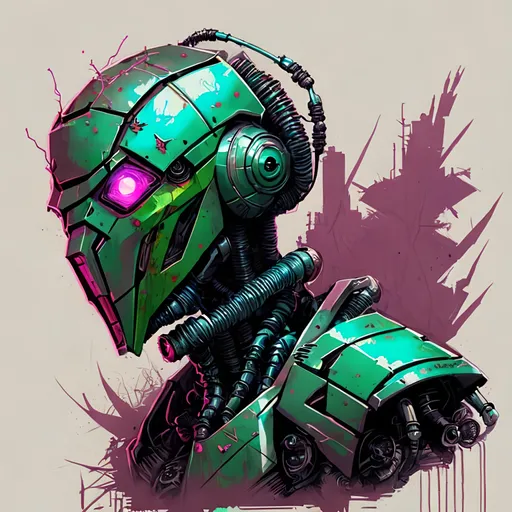 Prompt: cartoon locust robot , cyberpunk tones, cyberpunk colors, mechanical environnement with vines and vegetation

