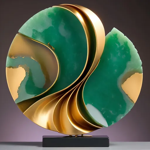 Prompt: Abstract metal tabletop sculpture, jade and gold, bright solid colored background, high quality, metallic, modern, vibrant colors, detailed textures, professional lighting
