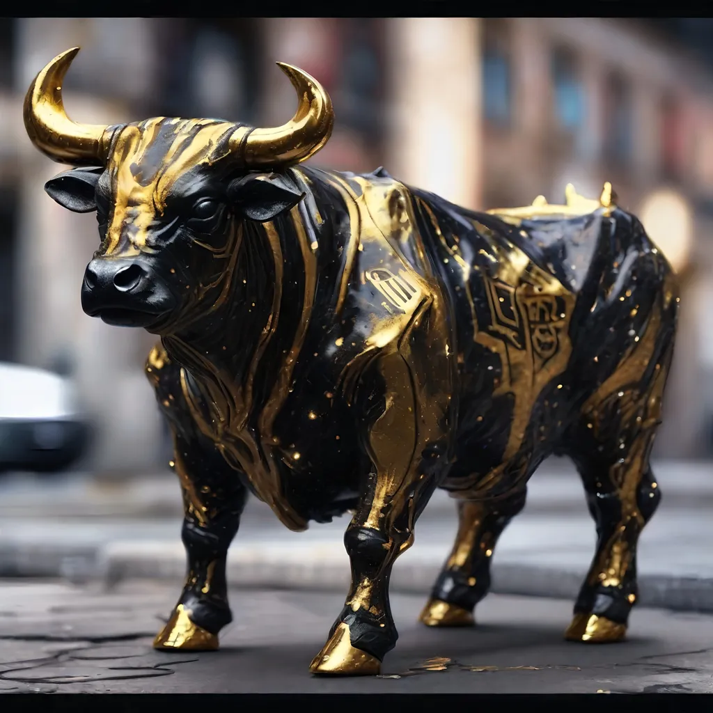 Prompt: A black and gold translucent dwarf bull humanoid made of black metal, graffiti all over it, standing up in the ghetto, highly detailed painting, photorealistic, sparkles, magical atmosphere, 8k