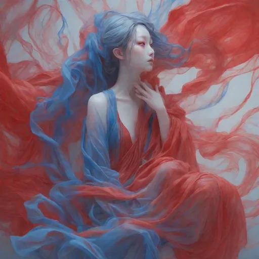 Prompt: red and blue Poltergeist ghostly figures, silouet plastic, slumped/draped, xiaofei yue, hurufiyya, in the style of ethereal calm and serene beauty, mysterious beauty, wrappedbio-art, Artgerm 
