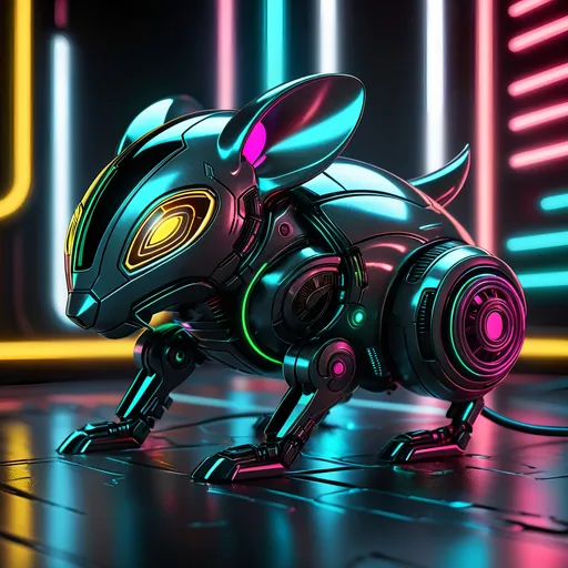 Prompt: Tiny mouse mech, metallic and sleek design, futuristic sci-fi style, intense grey and black color scheme, sparkling neon lights, miniature scale, highres, ultra-detailed, sci-fi, futuristic, metallic sheen, intense color scheme, miniature scale, neon lights, detailed design, professional, atmospheric lighting