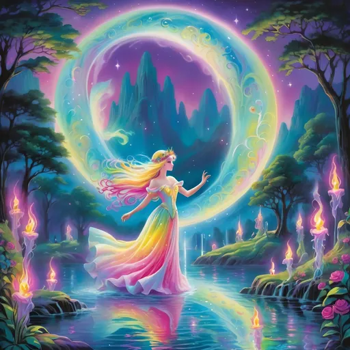 Prompt: Lisa Frank's style portrays a medieval legend where ethereal beings, illuminated as will-o'-the-wisps, dance around an ancient, moonlit lake. The scene is rich in romantic symbolism, with the will-o'-the-wisps depicted as delicate, ghostly figures. Their dance creates a mesmerizing pattern of light, leading the viewer's eye through the mystical, moonlit waterscape. 