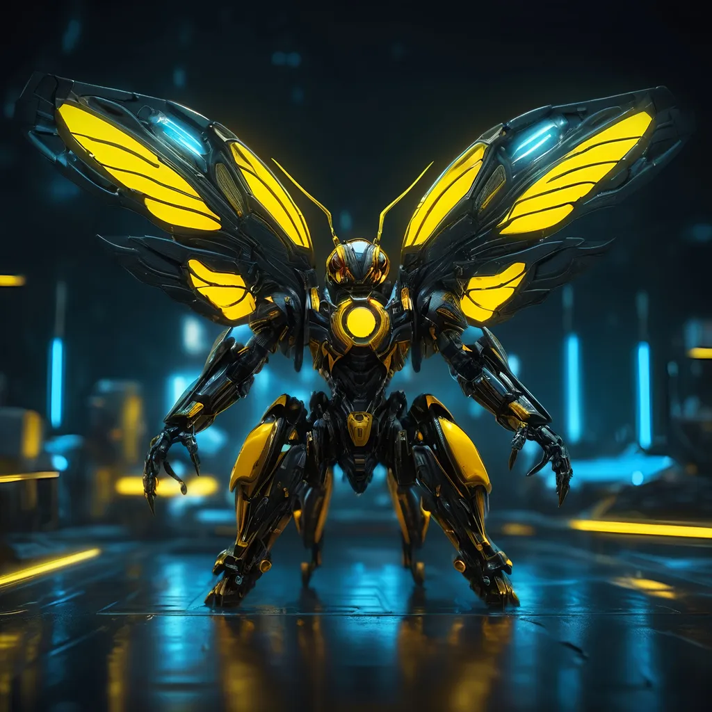 Prompt: Tiny hornet mech, metallic and sleek design, futuristic sci-fi style, detailed mechanical wings, intense yellow and black color scheme, sparkling neon lights, miniature scale, highres, ultra-detailed, sci-fi, futuristic, metallic sheen, mechanical wings, intense color scheme, miniature scale, neon lights, detailed design, professional, atmospheric lighting