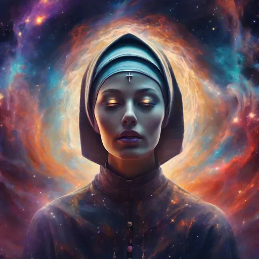 Prompt: Nun exhaling galaxies and stars, surreal digital art, cosmic theme, vibrant and vivid colors, high-contrast, detailed facial features, ethereal lighting, nebula-like swirls, mystical atmosphere, celestial, digital painting, surreal, cosmic, ethereal, vibrant colors, high contrast, detailed facial features, celestial lighting