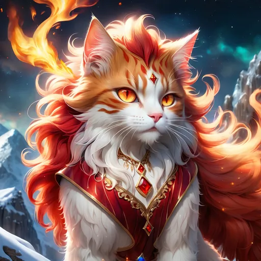 Prompt: wizard cat with {red fur} and {ruby red eyes}, senior female cat, fire element, flame, Erin Hunter, gorgeous anime portrait, beautiful cartoon, 2d cartoon, beautiful 8k eyes, elegant {red fur}, pronounced scar on chest, fine oil painting, modest, gazing at viewer, beaming red eyes, glistening red fur, low angle view, zoomed out view of character, 64k, hyper detailed, expressive, timid, graceful, beautiful, expansive silky mane, deep starry sky, golden ratio, precise, perfect proportions, vibrant, standing majestically on a tall crystal stone, hyper detailed, complementary colors, UHD, HDR, top quality artwork, beautiful detailed background, unreal 5, artstaion, deviantart, instagram, professional, masterpiece