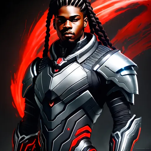 Prompt: lean black male with long braided hair and a scarred face, wearing silver biomechanical warframe armor. he is surrounded by glowing red mist. Behance HD, airbrush art