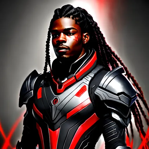 Prompt: lean black male with long braided hair and a scarred face, wearing silver biomechanical warframe armor. he is surrounded by glowing red mist. Behance HD, airbrush art