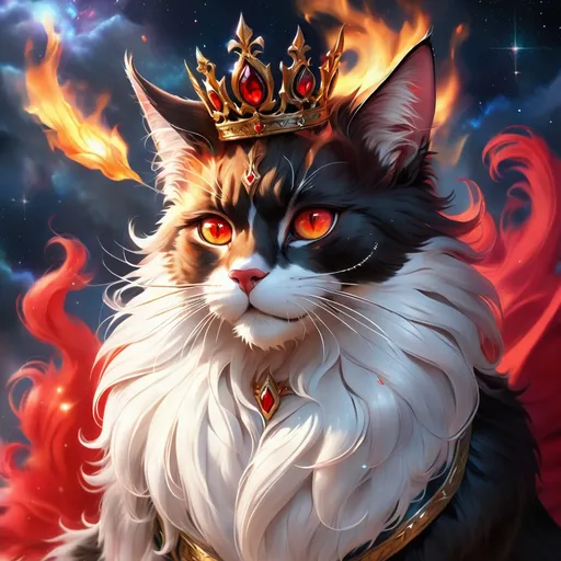 Prompt: warrior king cat with {black fur} and {ruby red eyes}, senior male cat, fire element, wearing crown, flame, Erin Hunter, gorgeous anime portrait, beautiful cartoon, 2d cartoon, beautiful 8k eyes, elegant {red fur}, pronounced scar on chest, fine oil painting, modest, gazing at viewer, beaming red eyes, glistening red fur, low angle view, zoomed out view of character, 64k, hyper detailed, expressive, timid, graceful, beautiful, expansive silky mane, deep starry sky, golden ratio, precise, perfect proportions, vibrant, standing majestically on a tall crystal stone, hyper detailed, complementary colors, UHD, HDR, top quality artwork, beautiful detailed background, unreal 5, artstaion, deviantart, instagram, professional, masterpiece