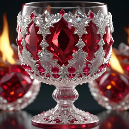 Prompt: Clear crystal goblet with intricate rubies, fire rises from it, high quality, detailed 3D rendering, elegant and luxurious, sparkling gemstones, crystal clear glass, vibrant and rich color reflections, sparkling diamonds, exquisite craftsmanship, luxury, high-res, ultra-detailed, 3D rendering, elegant, luxurious, intricate details, vibrant colors, sparkling gems, crystal clear, exquisite craftsmanship