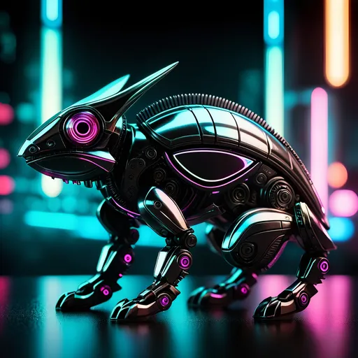Prompt: small chameleon mech, metallic and sleek design, futuristic sci-fi style, intense black and silver color scheme, sparkling neon lights, miniature scale, highres, ultra-detailed, sci-fi, futuristic, metallic sheen, intense color scheme, miniature scale, neon lights, detailed design, professional, atmospheric lighting
