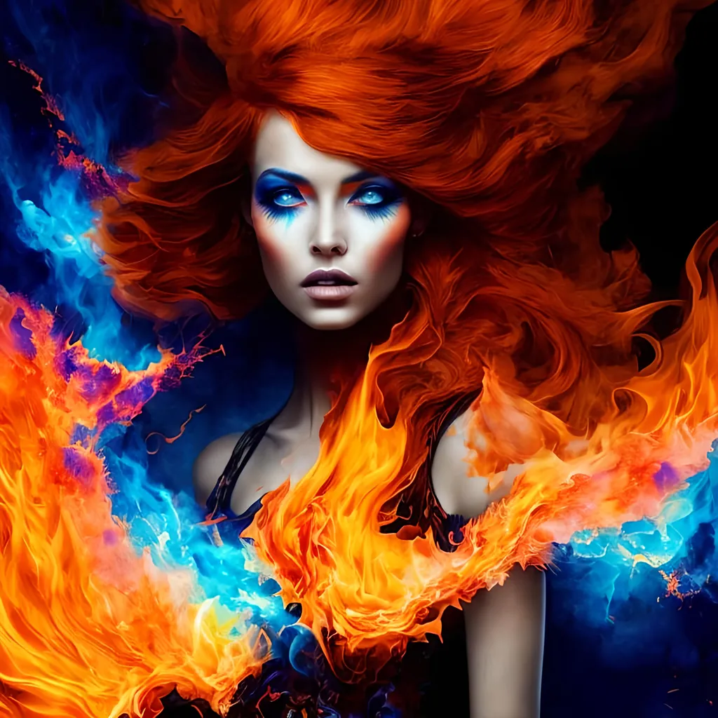 Prompt: a half body portrait of a woman as made of fire, dark orange hair depicting like fiery flames, orange and blue flame, dark smoke in the backgrouns, fiery sparks all over, D&D, Diablo, natural body posture, lava, Art by Alberto Seveso, symmetrical, abstract artstyle, intricate complex watercolor painting, sharp eyes, digital painting, color explosion, concept art, voluminetric lighting, metallic reflections, by TanvirTamim, 2d render, 8k. by artgerm, trending on artstation