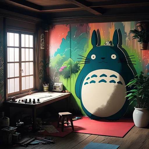 Prompt: studio ghili scene of graffiti in house spirited away combined with totoro 