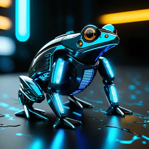 Prompt: Tiny frog mech, metallic and sleek design, futuristic sci-fi style, intense light blue and black color scheme, sparkling neon lights, miniature scale, highres, ultra-detailed, sci-fi, futuristic, metallic sheen, intense color scheme, miniature scale, neon lights, detailed design, professional, atmospheric lighting