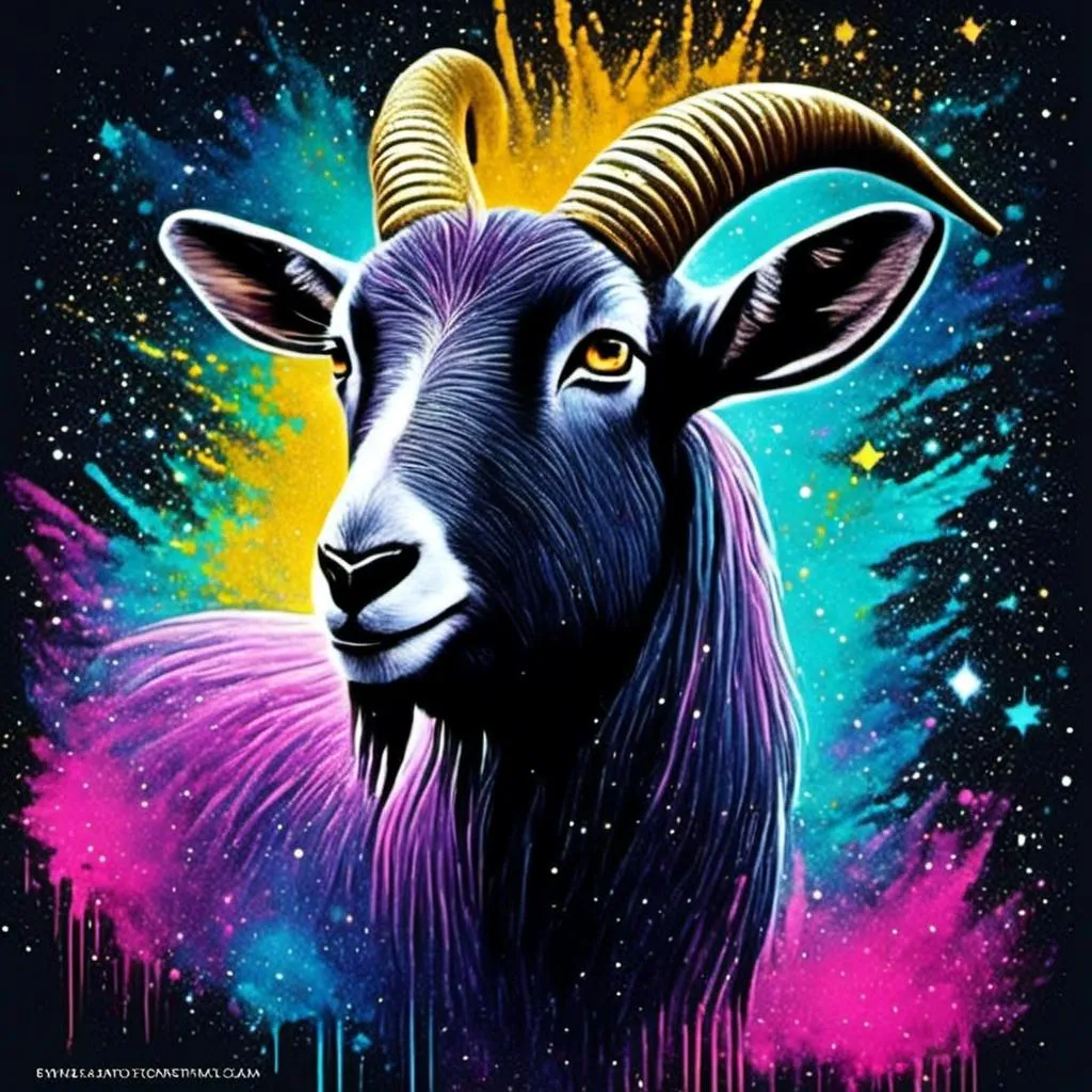 Prompt: <mymodel> Neon Mist Goat. Paint splatter. Soul. Cosmic. Explosion. Glitter. Stars. Galaxy. Pulsar.