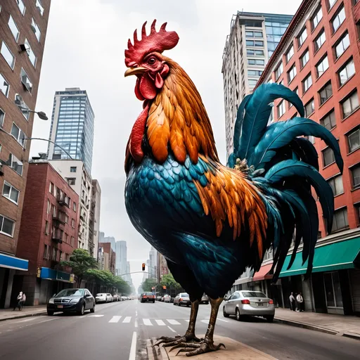 Prompt: Giant Rooster Looming over a city block.