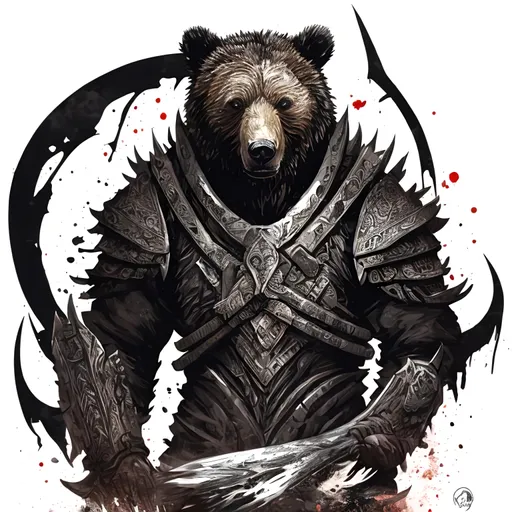 Prompt: a grizzly warrior, tattoo art, ink spash, full body, swirl of ink, Arabic writing, art at it finest, black whiter and grey, blood