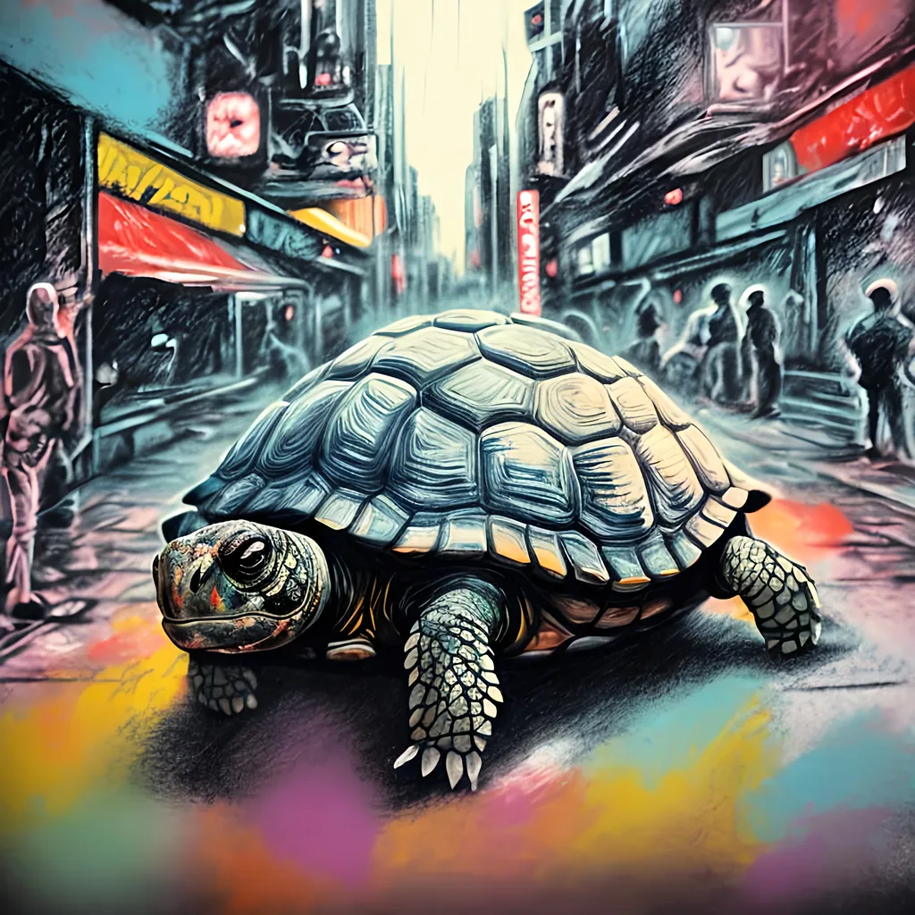 Prompt: pop art chalk pastel art of detailed tortoise wearing USA clothes playing in the streets in cyberpunk japan during a festival, sketch, detailed background, highres, fun atmosphere, natural lighting,  abstract, fun