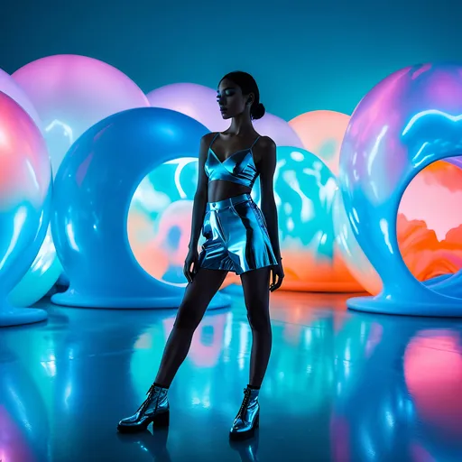 Prompt: another chalcedony balletcore haute couture fashion shoot that is dripping with bright colored lights, carbonated themed, in the style of y2k aesthetic, YlnMn blue, psychedelic surreal minimalism, i can't believe how beautiful this is, snapshot aesthetic, luminous skies, mirrored, Fuji film eterna vivid, Zeiss lens, Canon EOS R7 