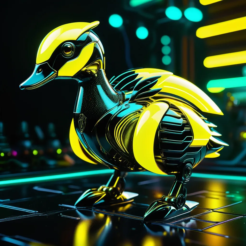 Prompt: Tiny duck mech, metallic and sleek design, futuristic sci-fi style, intense yellow and black color scheme, sparkling neon lights, miniature scale, highres, ultra-detailed, sci-fi, futuristic, metallic sheen, intense color scheme, miniature scale, neon lights, detailed design, professional, atmospheric lighting