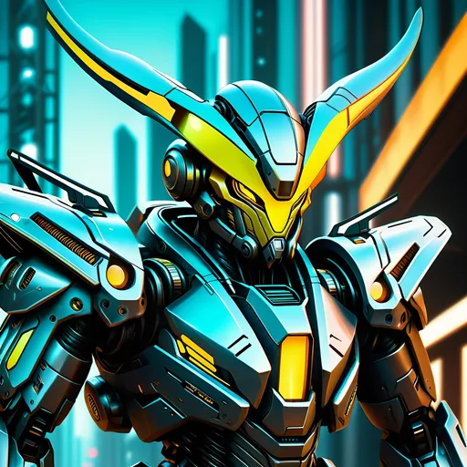 Prompt: Futuristic sci-fi illustration of a metallic hornet mech, sleek design, detailed metal textures, high-tech enhancements, intense and focused gaze, cool-toned lighting, urban cyberpunk setting, best quality, highres, ultra-detailed, sci-fi, futuristic, metallic, sleek design, detailed textures, intense gaze, cool-toned lighting, cyberpunk