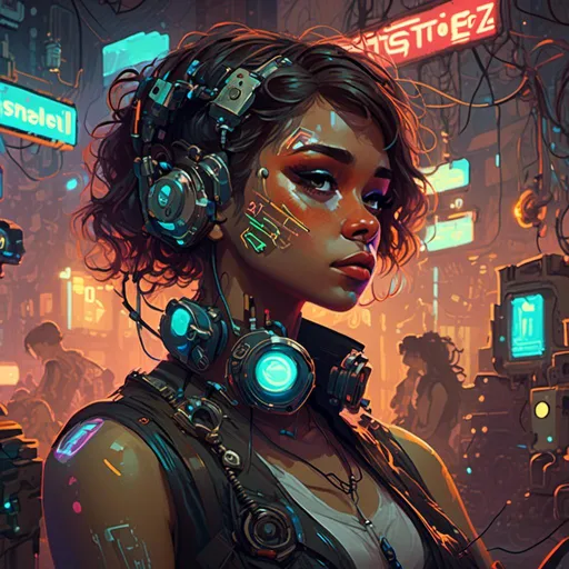 Prompt: A <mymodel> portrait artwork
, A nerdy and muscly mechanic 
, atompunk  pin-up 
, looking like Zendaya and Janelle Monae
, 


, a gloomy jukyard scrapyard 
, full of multicolored neon circuitry glowing in the   darkness

, a stunning Alphonse Mucha's masterpiece in  sci-fi retro-futuristic art deco artstyle by Anders Zorn and Joseph Christian Leyendecker

, neat and clear tangents full of negative space 

, ominous dramatic lighting with detailed shadows and highlights enhancing depth of perspective and 3D volumetric drawing

, a  vibrant and colorful high quality digital  painting in HDR