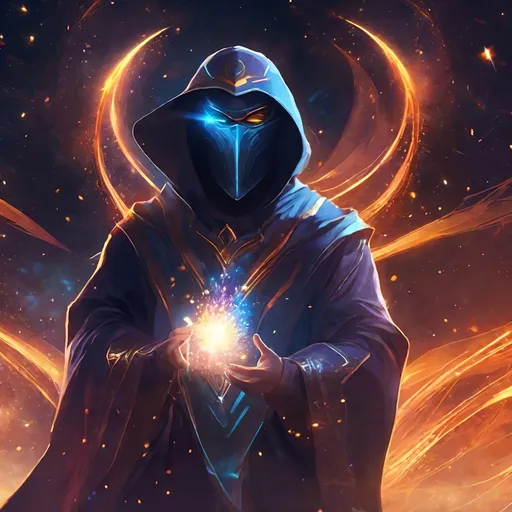 Prompt: futuristic, astral sorcerer, battle mage, faceless, visor, mask, fire magic, fireworks background 