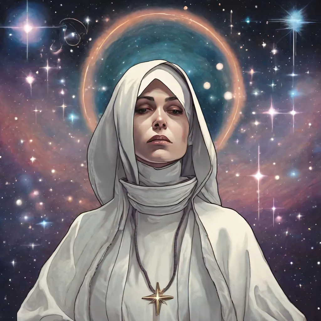 Prompt: nun exhaling galaxies and stars 