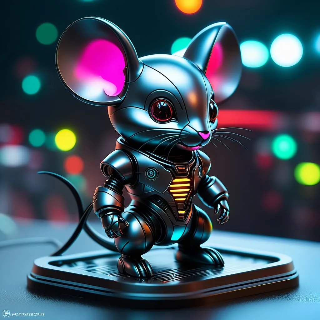 Prompt: Tiny mouse mech, metallic and sleek design, futuristic sci-fi style, intense grey and black color scheme, sparkling neon lights, miniature scale, highres, ultra-detailed, sci-fi, futuristic, metallic sheen, intense color scheme, miniature scale, neon lights, detailed design, professional, atmospheric lighting