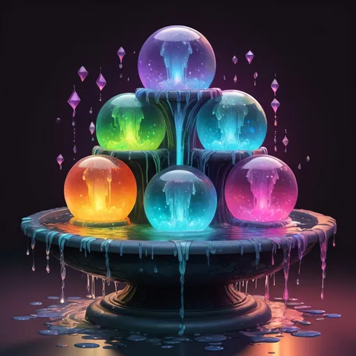 Prompt: A four-way fountain each side filled with strange glowing dancing crystal sphere dripping slime in many colors, in zen tangle art style
