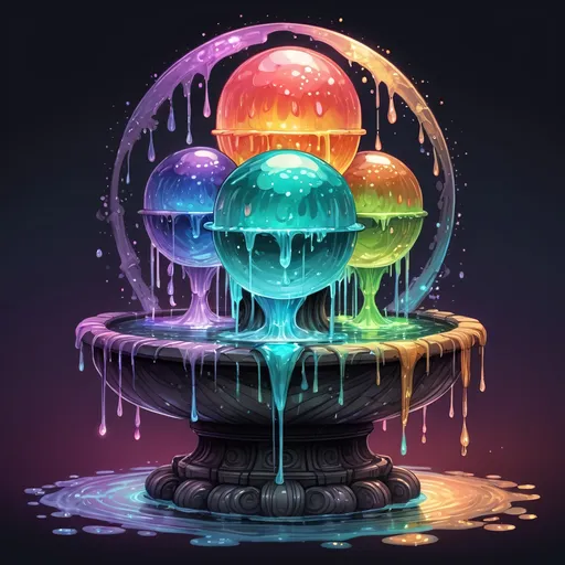 Prompt: A four-way fountain each side filled with strange glowing dancing crystal sphere dripping slime in many colors, in zen tangle art style
