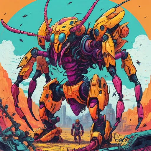 Prompt: Giant hornet mech hunting some poor souls.
Science Fiction, Retrofuturism, Body horror, Cosmic Horror, Fine inking, Clean linework, comic illustration, flat shading, Colour transitions, Maximalism, Beautifully illustrated forms, beautiful background scenery, Warm and cold colour mix, Triadic colour palette, Dark vibrancy, Complexity, Storytelling, Dynamic Poses, High quality, Sharp focus, Tight colour range, Full scene, Filmic, 