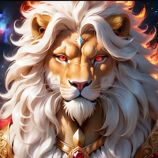 Prompt: wizard lion with {white fur} and {ruby red eyes}, senior male lion, fire element, flame, Erin Hunter, gorgeous anime portrait, beautiful cartoon, 2d cartoon, beautiful 8k eyes, elegant {red fur}, pronounced scar on chest, fine oil painting, modest, gazing at viewer, beaming red eyes, glistening red fur, low angle view, zoomed out view of character, 64k, hyper detailed, expressive, timid, graceful, beautiful, expansive silky mane, deep starry sky, golden ratio, precise, perfect proportions, vibrant, standing majestically on a tall crystal stone, hyper detailed, complementary colors, UHD, HDR, top quality artwork, beautiful detailed background, unreal 5, artstaion, deviantart, instagram, professional, masterpiece