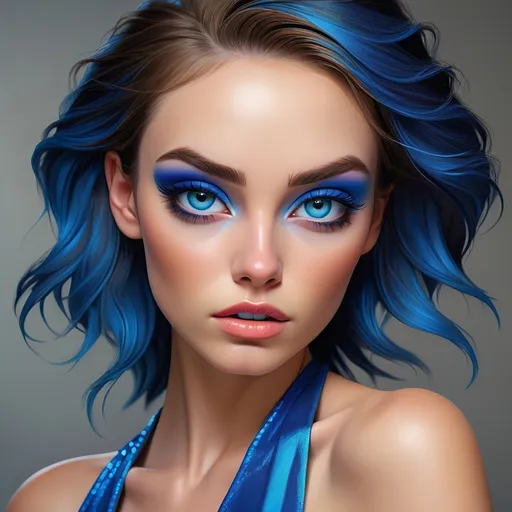 Prompt: Woman with vibrant blue eyeshadow, high-quality portrait, detailed makeup, realistic painting, vibrant colors, glamorous, professional lighting, intense gaze, highres, realistic, detailed, portrait, vibrant blue eyeshadow, glamorous makeup, professional, intense gaze, realistic painting, vibrant colors, realistic lighting