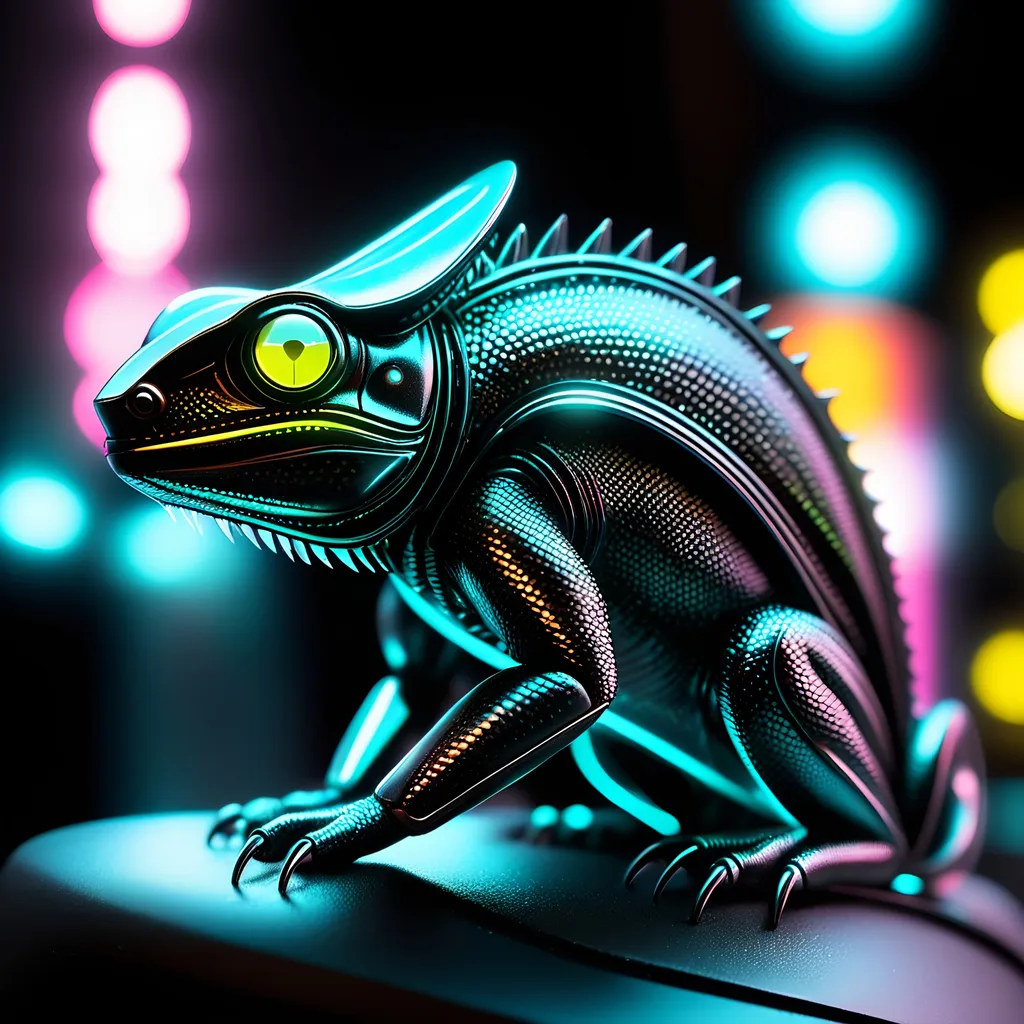 Prompt: small chameleon, metallic and sleek design, futuristic sci-fi style, intense black and white color scheme, sparkling neon lights, miniature scale, highres, ultra-detailed, sci-fi, futuristic, metallic sheen, intense color scheme, miniature scale, neon lights, detailed design, professional, atmospheric lighting